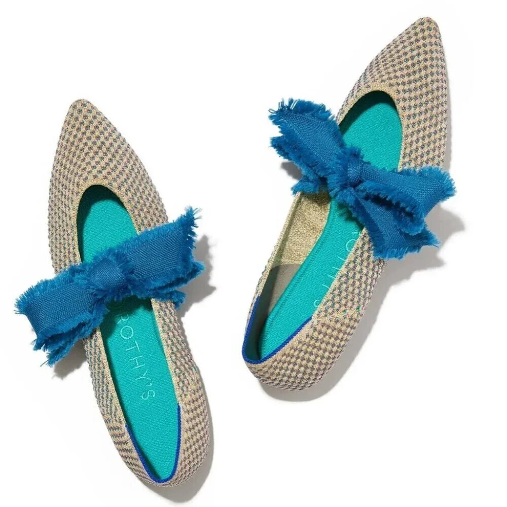 Rothy's Multi Metallic Mary Jane Flats Blue Ribbon Bow Ballet Shoe Pointed Sz 7